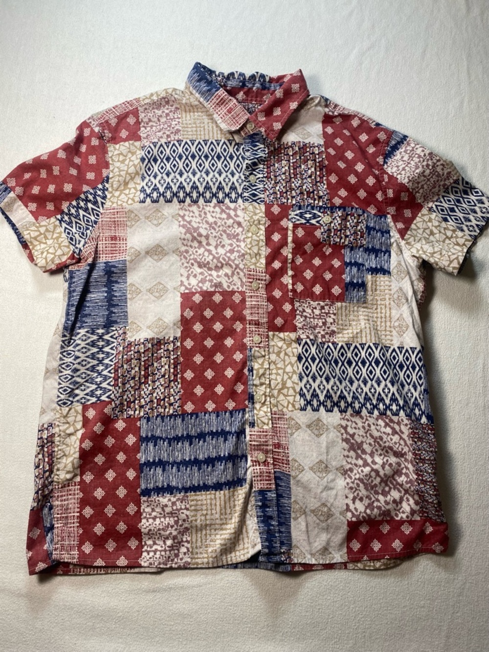 American Eagle Outfitters Patchwork Short-Sleeve Button-Up — Red, Blue & Cream